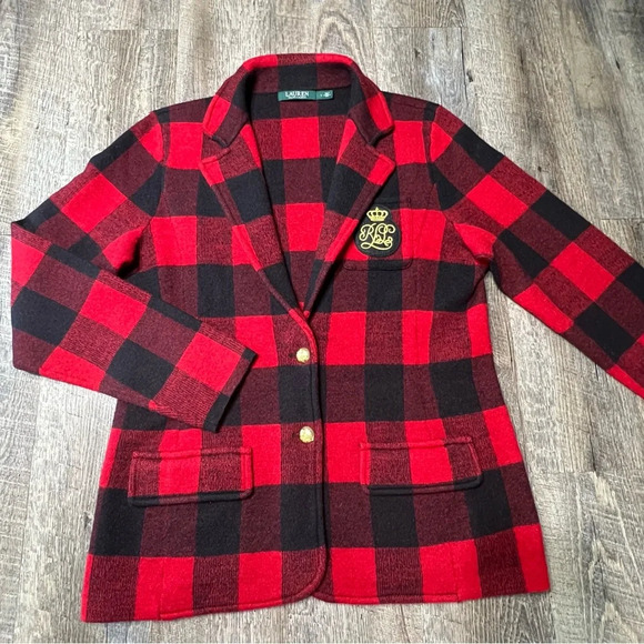 Ralph Lauren Rugby Large Blazer Jacket‎ RRL Polo Buffalo Plaid Red Crest Crown - Picture 1 of 9